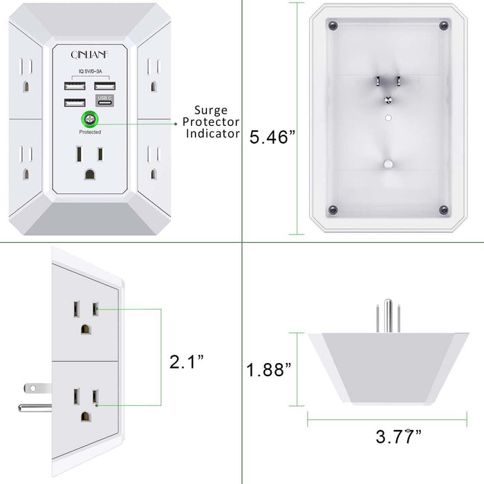 Wall Charger, Surge Protector,  5 Outlet Extender with 4 USB Ports