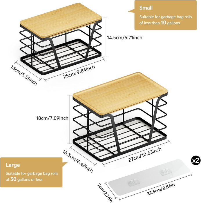 2 Pack Stackable Storage Laundry Kitchen Organizers, Wall Mount Trash Bag Holder with Bamboo Top and Garbage Bag Dispens