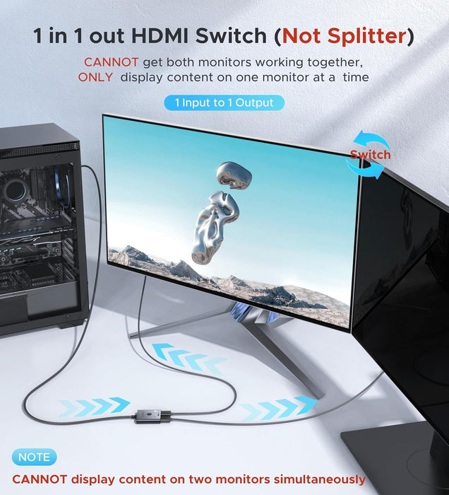 HDMI Switch 2 in 1 Out 4K@60Hz, [with 3.3ft Fixed Braided HDMI Cable, Aluminum Case, 2K@144Hz, HDCP 2.2] Bidirectional 2x1 Switcher Splitter Compatible for PS5/4, Xbox, Roku, FireStick, Switch