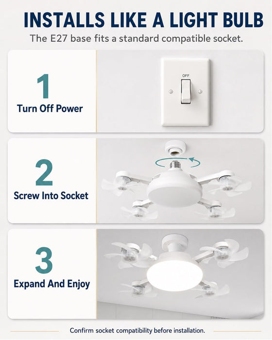 New Ceiling Fan with Lighting and an E27 Light Socket, 2-in-1 Silent LED Drone Fan with Remote Control for Bedroom, Kitchen, Easy Install 3-Speed Dimmable Bulb