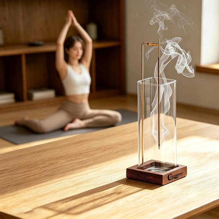 Incense Holder, Wooden Incense Burner with Glass Ash Catcher (Wooden Square)