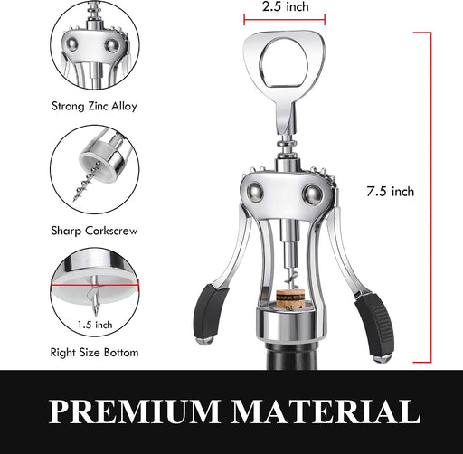 Wine Opener, Heavy-Duty Zinc Alloy Wing Corkscrew, Premium Beer Bottle Opener, Multifunctional Wine Accessories with Erg