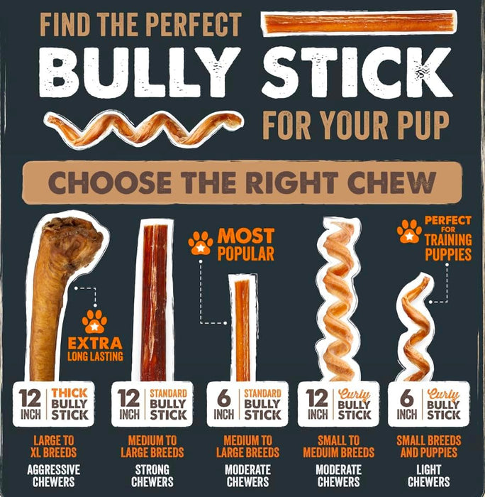 12" Bully Sticks for Dogs - Large, Medium and Small Dog Chew