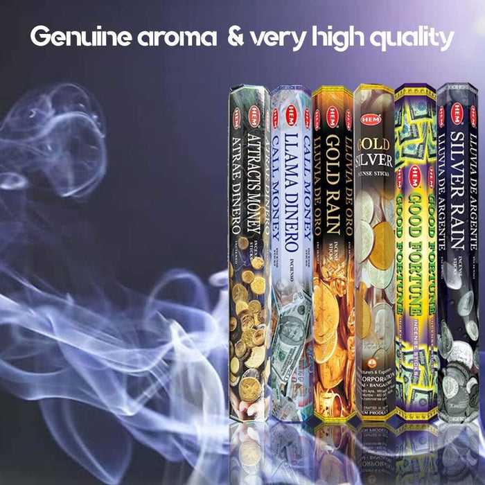 Assorted Incense Sticks – Attracts Money, Call Money, Gold Rain, Gold Silver, Good Fortune & Silver Rain – Pack of 6 – Premium Aromatherapy for Prosperity, Meditation & Home Fragrance.