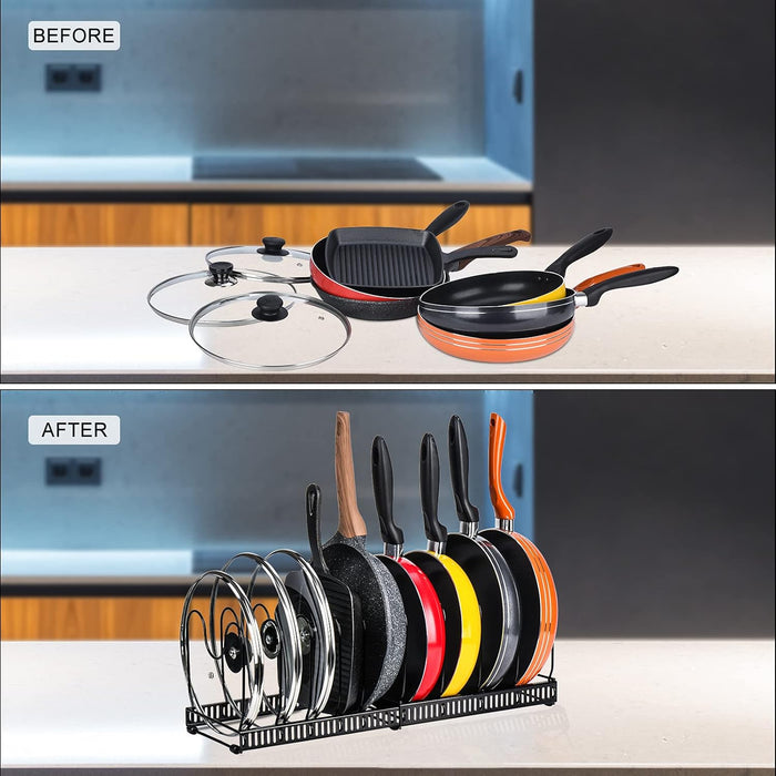 Pots and Pans Organizer Rack for Cabinet and Countertop, 10+ Pot Lids, Bakeware and Cookware Holder with 10 Adjustable Compartments - Black