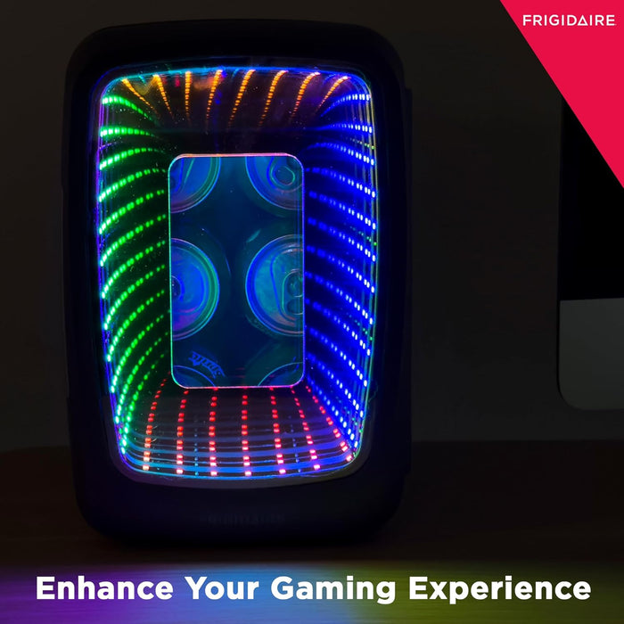 Frigidaire Gaming Light Up Mini Beverage Refrigerator, 6 can, 4 liters, Cooler with large see through door and LED light