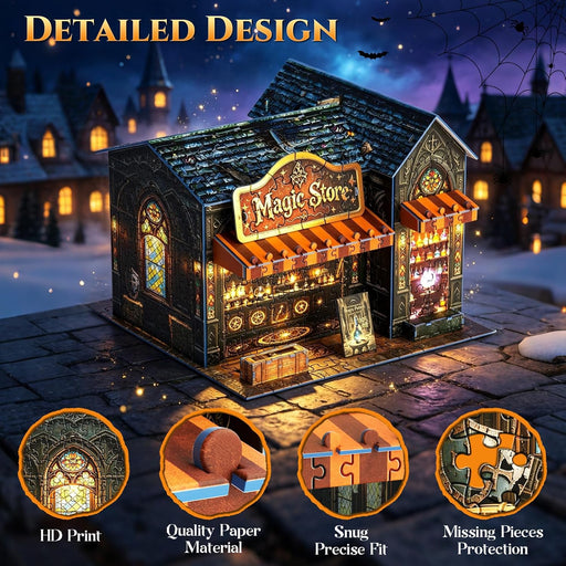 3D Puzzles for Adults,Halloween Magic Store Model Miniature House Kit,3D Paper Puzzle Open-Style Build for Adults Room Home Decor DIY Building House,Halloween Birthday Fun Gifts for Family and Friends