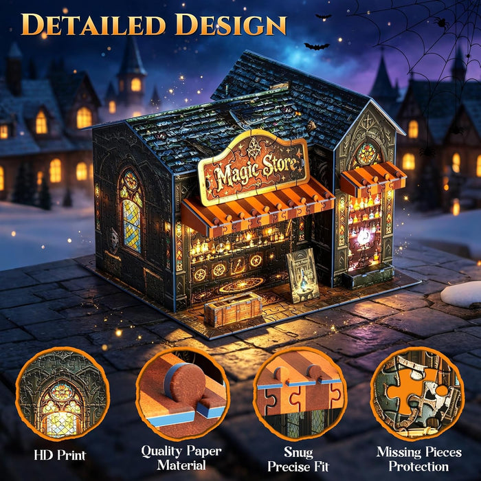 3D Puzzles for Adults,Halloween Magic Store Model Miniature House Kit,3D Paper Puzzle Open-Style Build for Adults Room Home Decor DIY Building House,Halloween Birthday Fun Gifts for Family and Friends