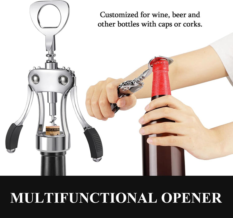 Wine Opener, Heavy-Duty Zinc Alloy Wing Corkscrew, Premium Beer Bottle Opener, Multifunctional Wine Accessories with Erg
