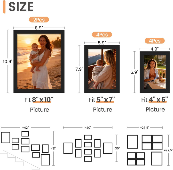 Picture Frames Set of 10, Including 8x10, 5x7, 4x6 Black Frame
