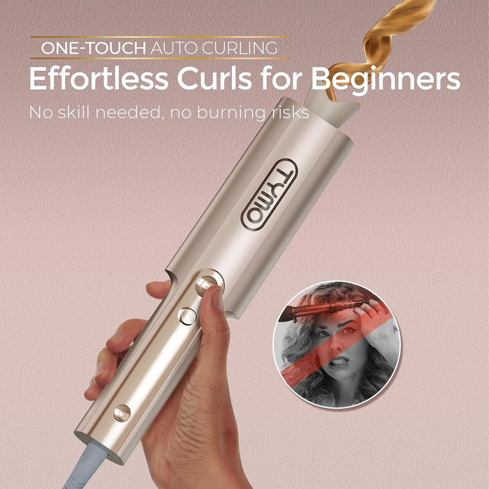 CurlPro Plus Automatic Rotating Curling Iron - Upgraded Long Barrel Curling Wand for Beach Waves & Long Hair, Ceramic Hair Curler for Women, Anti-Scald, 600M Ionic, Dual Voltage, Gold, 1 Inch
