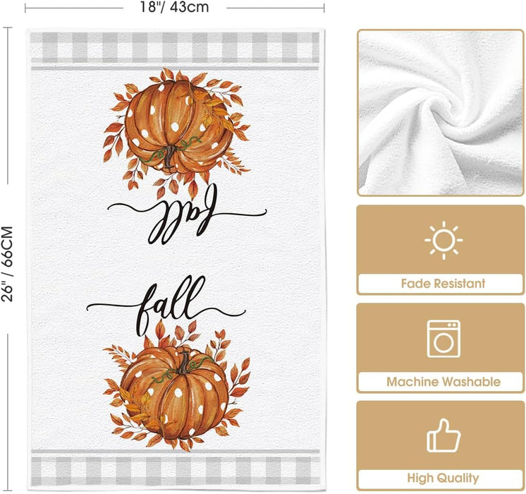 Orange Pumpkin Leaves Fall Kitchen Towels Set of 2 18x26 Inch