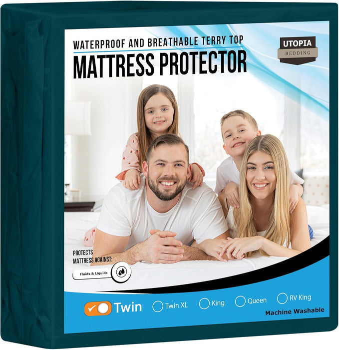 Waterproof Mattress Protector Twin Size, Premium Terry Mattress Cover 200 GSM, Breathable, Fitted Style with Stretchable Pockets (White)