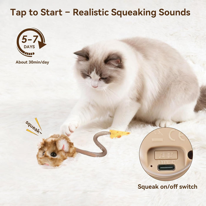 Interactive MigiMouse Cat Toy 360° Rolling & Spin with Mesh Plastic Tail for Indoor Cats Smart Motion Sensor, Realistic 