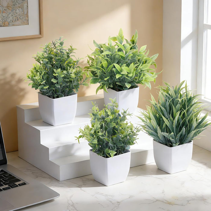 Fake Plants 4 Packs Small Artificial Greenery Mini White Potted Plants Bathroom Accessories Decorations for Desk Bathroom Office Home Room Kitchen Table Indoor