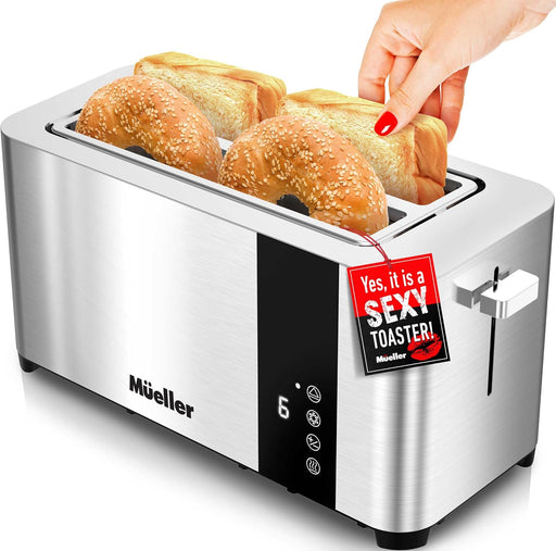Ultratoast Full Stainless Steel Toaster 4 Slice, Long Extra-Wide Slots for Bagels and Waffles, 6 Browning Levels, LED Display, Cancel/Defrost/Reheat Functions & Removable Tray, Kitchen Gadgets