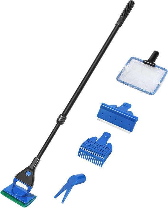 Aquarium Cleaning Tools, Fish Tank Cleaner Kit with Adjustable Long Handle, 5 in 1 Set Including Fish Net, Algae Scraper