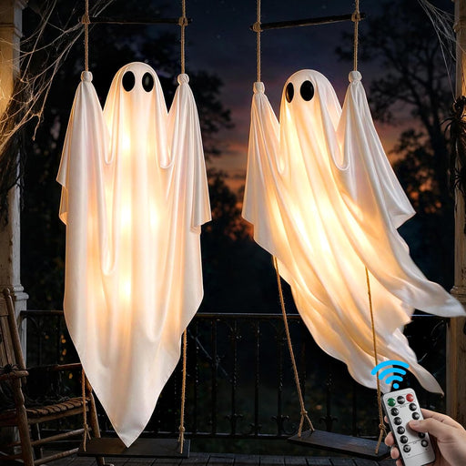 2 Pack Halloween Decorations Outdoor, 5 FT Pre-Assembled Hanging Swinging Ghosts with Adjustable Arms, 8 Light Modes, Remote & Timer, Indoor & Outdoor Ghost Decor for Porch, Yard, Garden & Tree