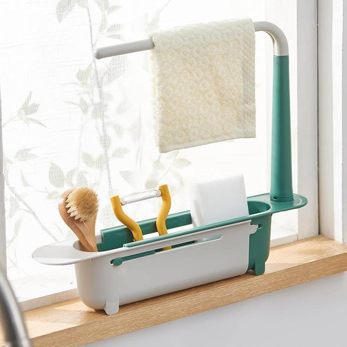 Telescopic Sink Storage Rack Holder, Adjustable Large Capacity Sink Storage Rack, PP Length Freely Drain Rack, Expandable Sink Organizer for Home Kitchen Sink, Easy Installation(Green)