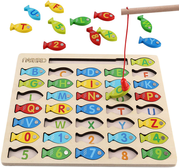 Magnetic Wooden Fishing Game Toy for Preschoolers, Alphabet Fish Catching Counting Games Puzzle with Numbers and Letters