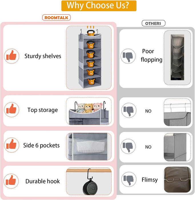 5-Shelf Hanging Closet Organizer and Storage with Side Pockets, Collapsible Closet Hanging Shelves for Storage, Grey