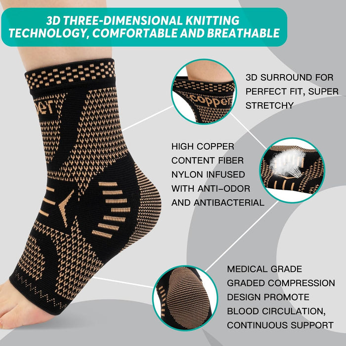Ankle Brace for Women & Men, Ankle Compression Sleeve Support Copper Infused Ankle Brace for Sprained Ankle, Plantar Fasciitis Sports, Achilles Tendonitis Pain Relief, Copper Black, M