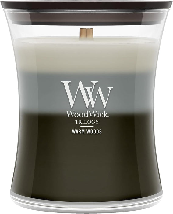 WoodWick Warm Woods Trilogy Tri-Scented Candle, Crackling Wick, 9.7oz
