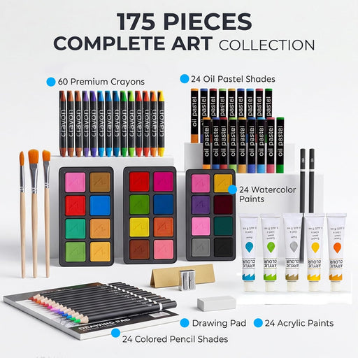 TMOL Art Supplies, 175-Pack Deluxe Art Set Drawing Painting Kit with 2 Drawing Pads, Acrylic Paints, Colored Pencils, Cr