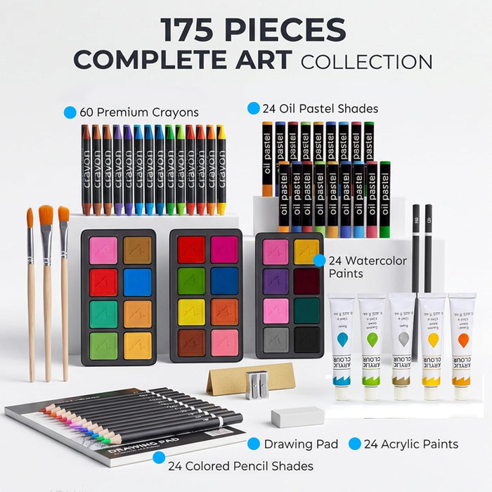 TMOL Art Supplies, 175-Pack Deluxe Art Set Drawing Painting Kit with 2 Drawing Pads, Acrylic Paints, Colored Pencils, Cr