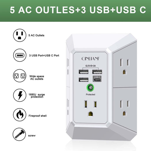 Wall Charger, Surge Protector,  5 Outlet Extender with 4 USB Ports
