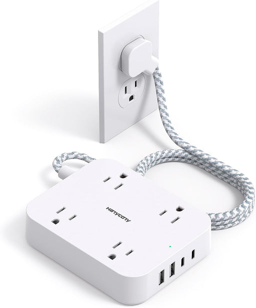 Flat Plug Extension Cord, 4 Widely Power Strip with 4 USB Ports(2 USB C)