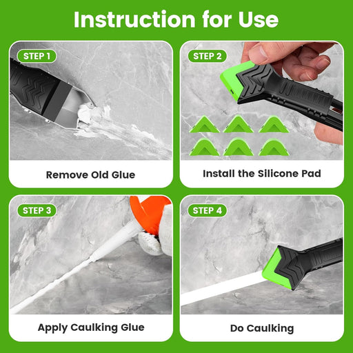 5 in 1 Caulking Tool Silicone Caulking Grout Removal Sealant Finishing Tool with Stainless Steel Head, 6 Replaceable Pad