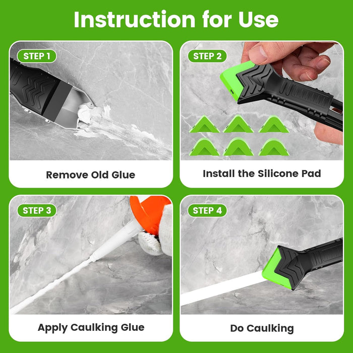 5 in 1 Caulking Tool Silicone Caulking Grout Removal Sealant Finishing Tool with Stainless Steel Head, 6 Replaceable Pad