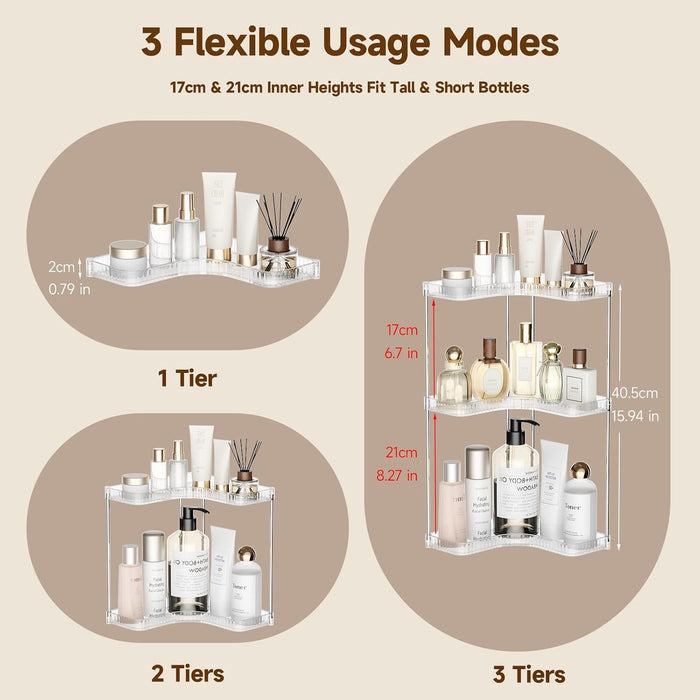 Corner Makeup Counter Organizers, 3-Tier Bathroom Corner Shelf, Clear
