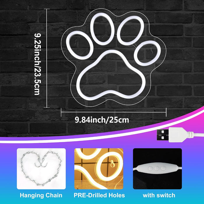 Dog Cat Paw Neon Sign for Wall Decor, Warm White Puppy Foot Print LED Signs