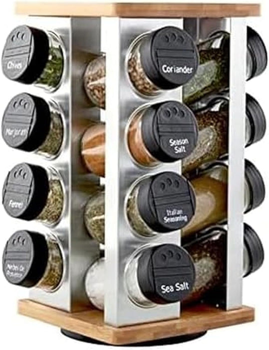 16 Jar Warner Revolving Countertop Spice Rack Organizer with Lift & Pour Caps and Spices Included, FREE Spice Refills for 5 years, Stainless Steel & Bamboo with Black Caps