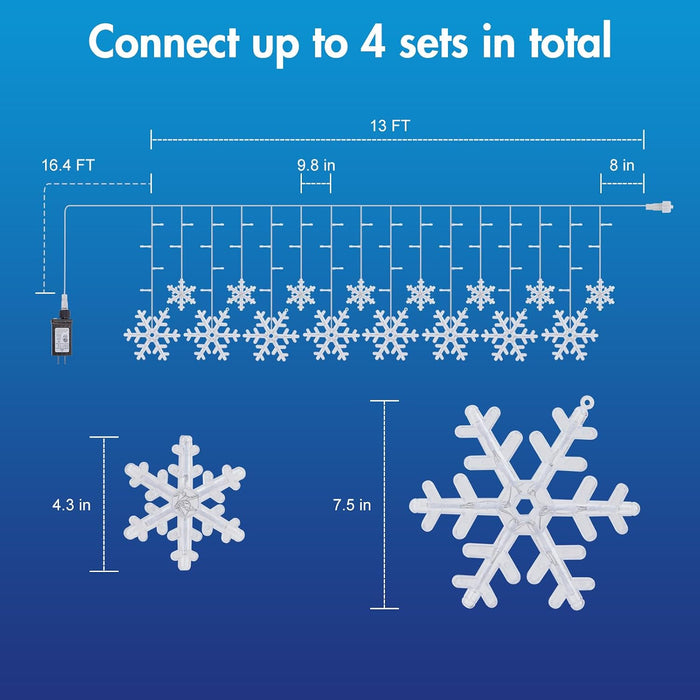 Christmas Snowflake Lights - 13ft 192LED Snowflake Icicle Lights with 16 Drops, 12 Modes and Timer, IP65 Waterproof Connectable Christmas Light for House Eave Window Indoor Outdoor Decoration