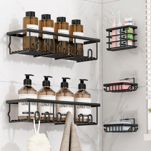 5 Pack Adhesive Bathroom Holders & Dispensers for Kids & Adults, Black