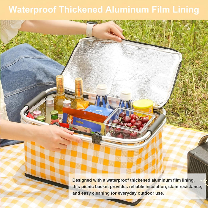Insulated Picnic Basket, Collapsible Market Basket (Yellow Grid)