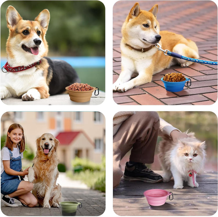 2-Pack Silicone Collapsible Dog Bowls, BPA Free Dishwasher Safe, Portable Foldable Expandable Travel Bowl, Food Water Feeding Cup Dish for Dogs Cats with 2 Carabiners (Turquoise, Tan)