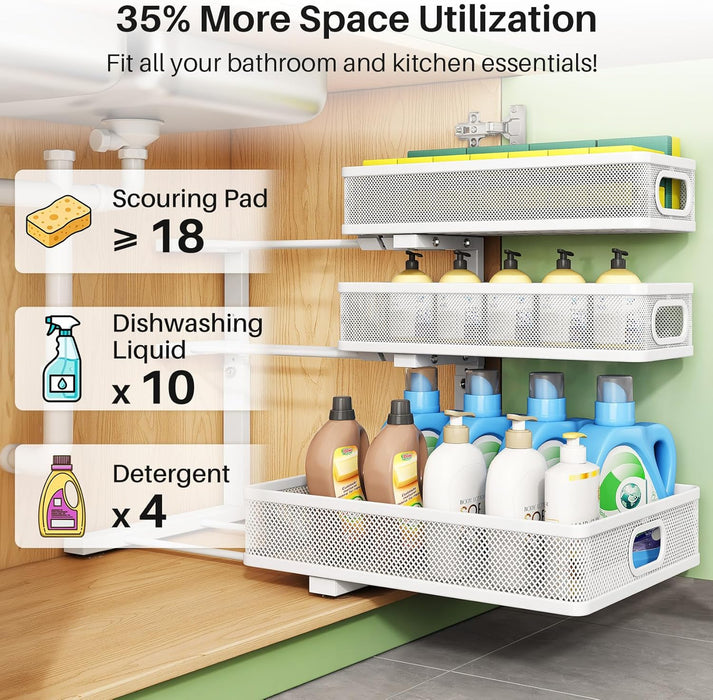 Under Sink Organizer, 2-Pack 3-Tier Height Adjustable Thickened Metal Pull out Cabinet Organizer Shelf, Slide out Storag