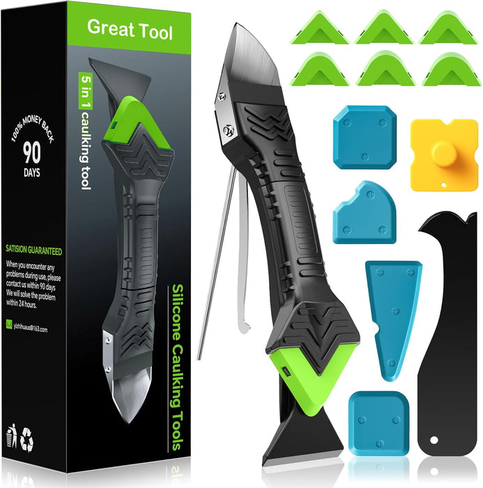 5 in 1 Caulking Tool Silicone Caulking Grout Removal Sealant Finishing Tool with Stainless Steel Head, 6 Replaceable Pad