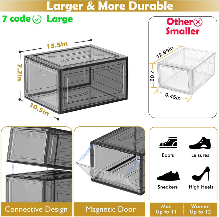 Sturdy Clear Shoe Organizer with Magnetic Door, Stackable Shoe Storage Box