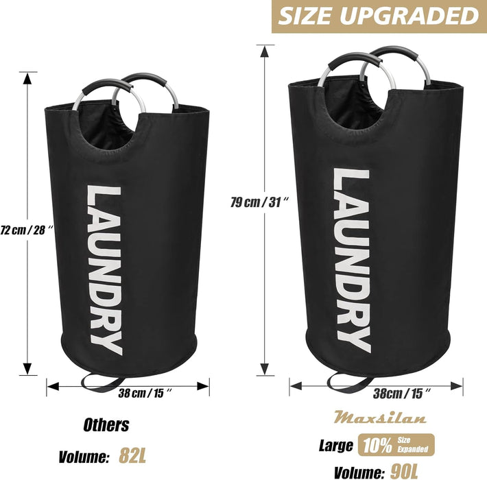 90L Large Laundry Basket Bag, Collapsible Tall Hamper, Black