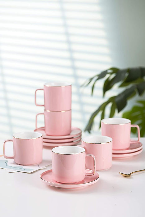 Set of 6 Large 8 (OZ) Americano Cups with Saucer Porcelain Coffee/Tea Cups, Cappuccino/Latte/Espresso/Mocha Cups, Large Coffee/Tea Cups for Specialty Coffee Drinks, (Pink)