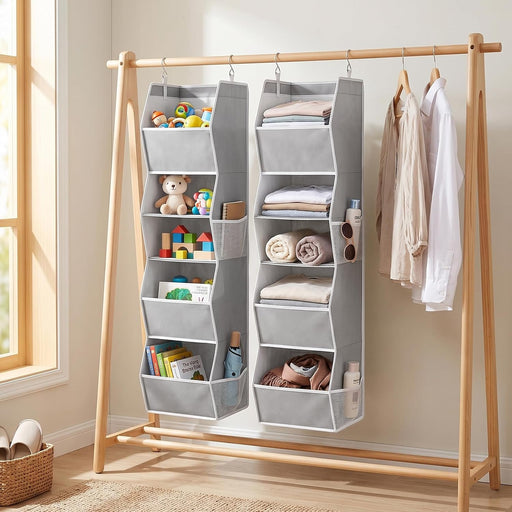 Hanging Closet Organizer 5 Shelf with 4 Side Mesh Pockets, Foldable Closet Organizers and Storage Hanging for Wardrobe, Closet Rod & RV Camping, Front Anti-Slip Support, Grey