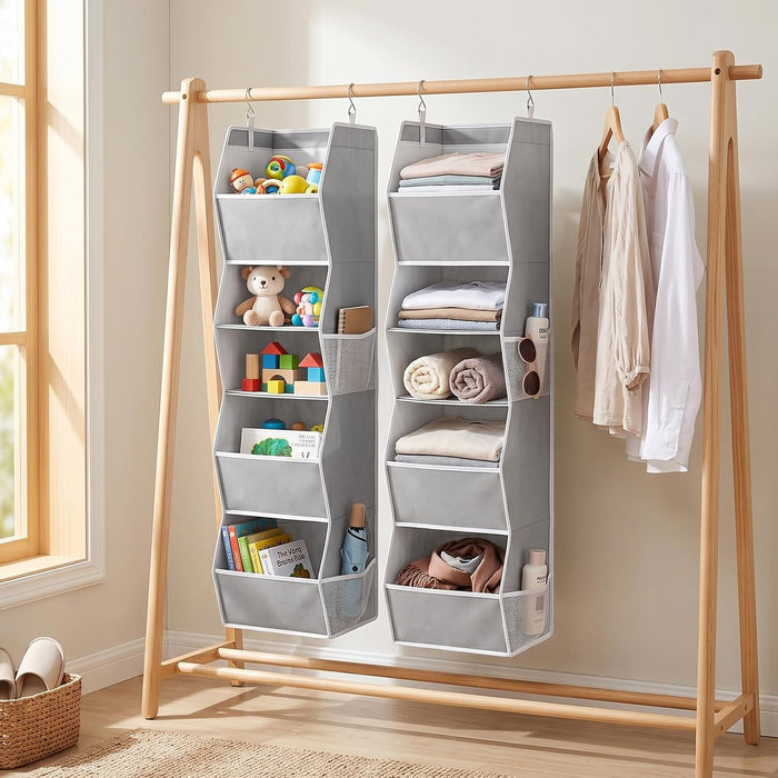 Hanging Closet Organizer 5 Shelf with 4 Side Mesh Pockets, Foldable Closet Organizers and Storage Hanging for Wardrobe, Closet Rod & RV Camping, Front Anti-Slip Support, Grey