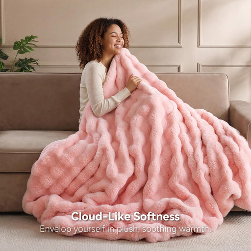 Faux Rabbit Fur Throw for Couch - Blush Pink Bubble Blanket 50"x60"