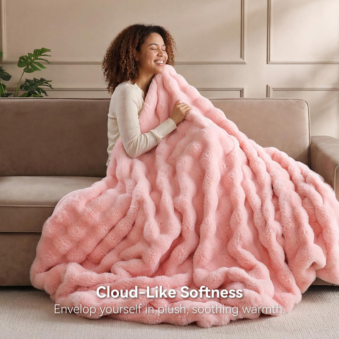 Faux Rabbit Fur Throw for Couch - Blush Pink Bubble Blanket 50"x60"