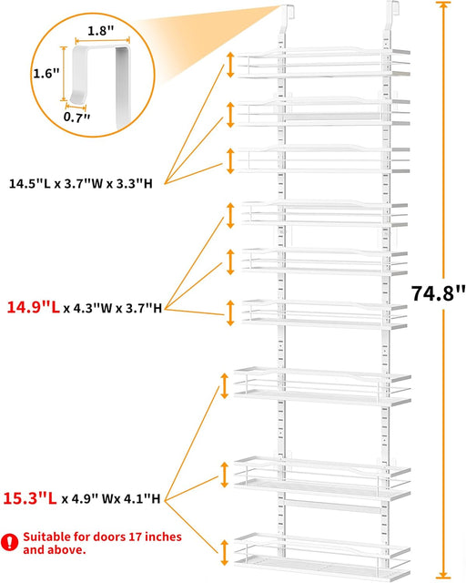 White 9-Tier Over The Door Pantry Organizer, Pantry Organization And Storage, Metal Hanging Spice Rack Shelves Door, Hom